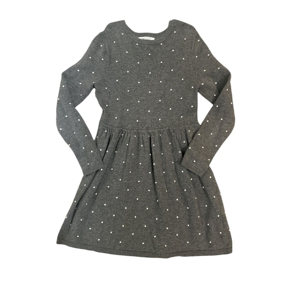EUC H&M Girls Gray Long-Sleeve textured Polka Dot Knit Dress 6/7